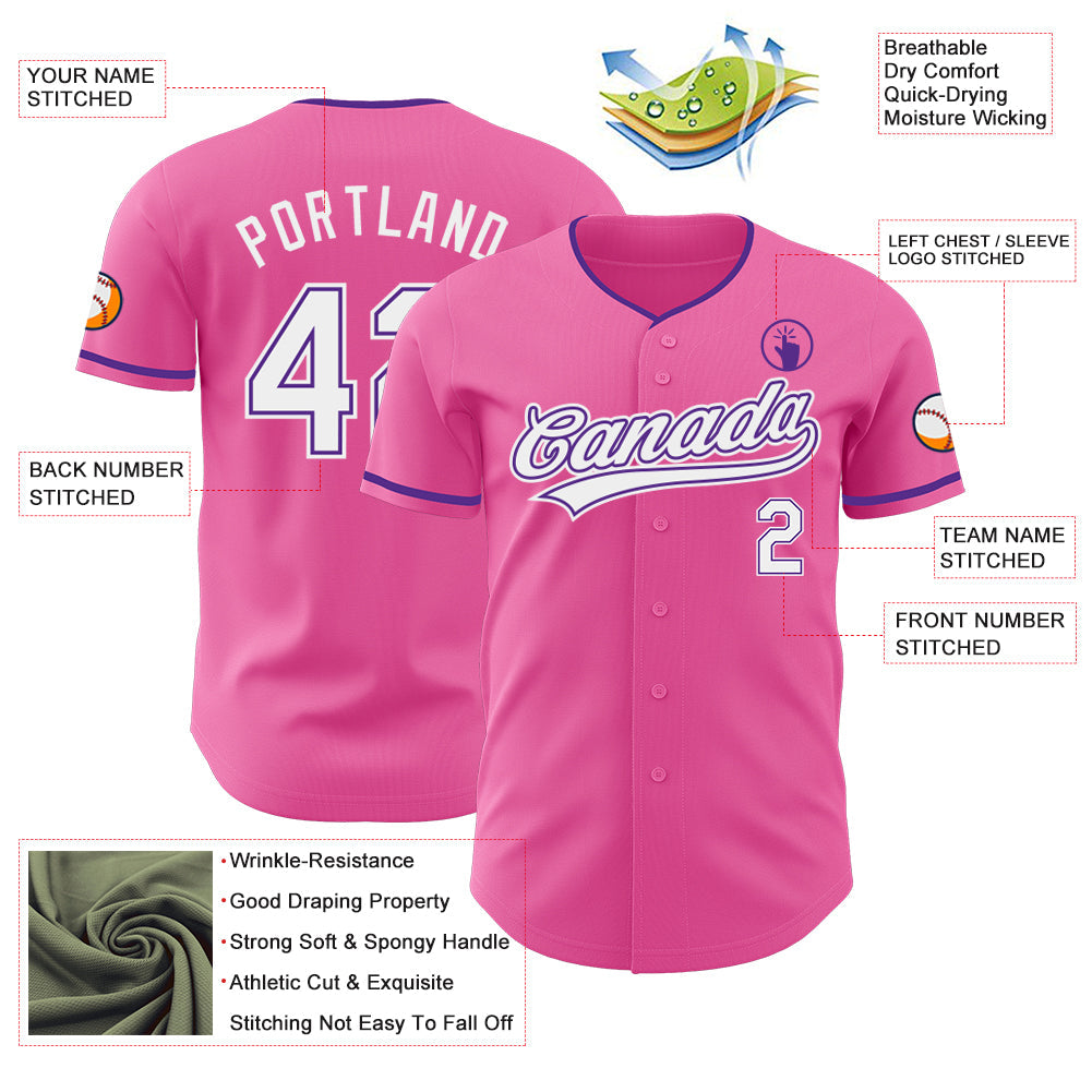 Custom Pink White-Purple Authentic Baseball Jersey view 3