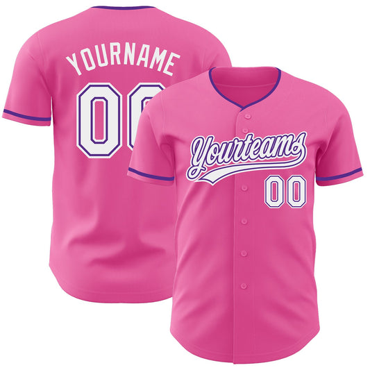 Custom Pink White-Purple Authentic Baseball Jersey - Main View
