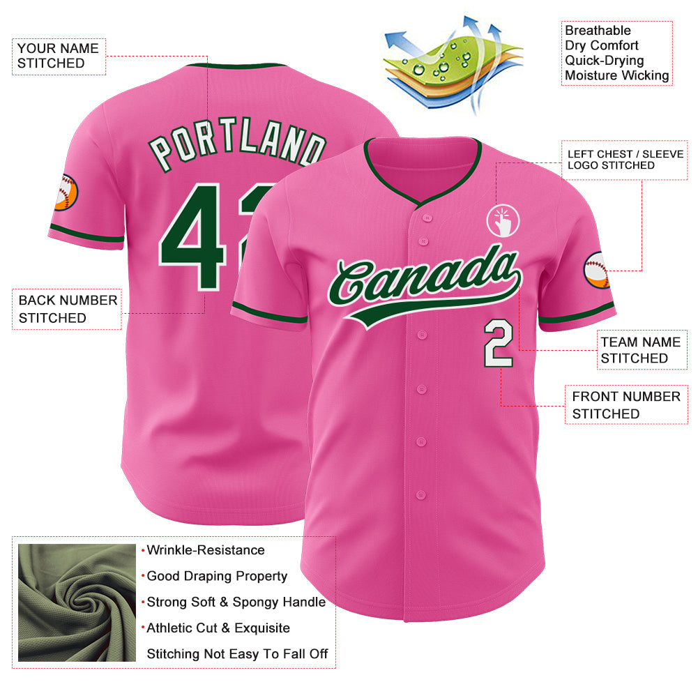 Custom Pink Green-White Authentic Baseball Jersey view 3