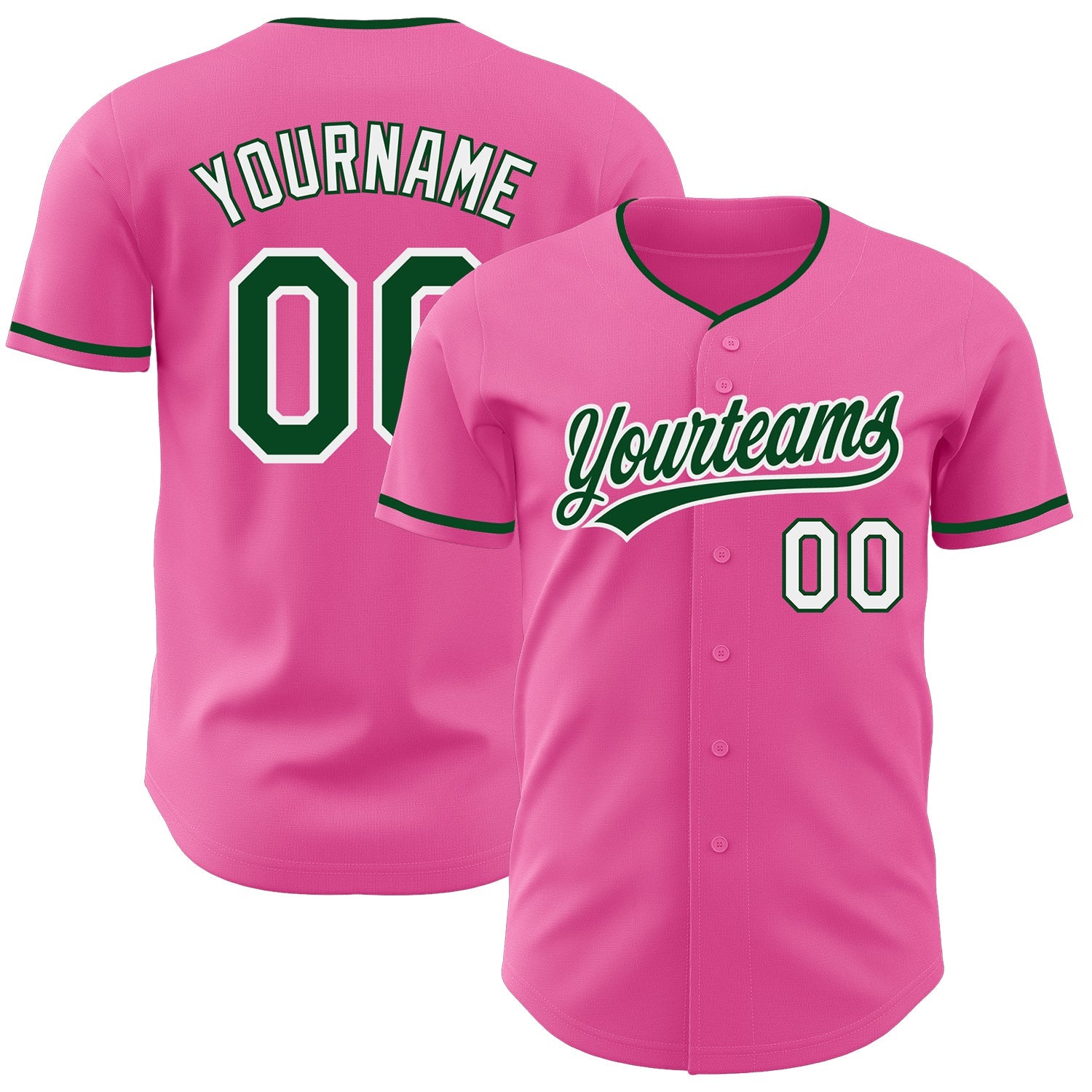 Custom Pink Green-White Authentic Baseball Jersey - Main View