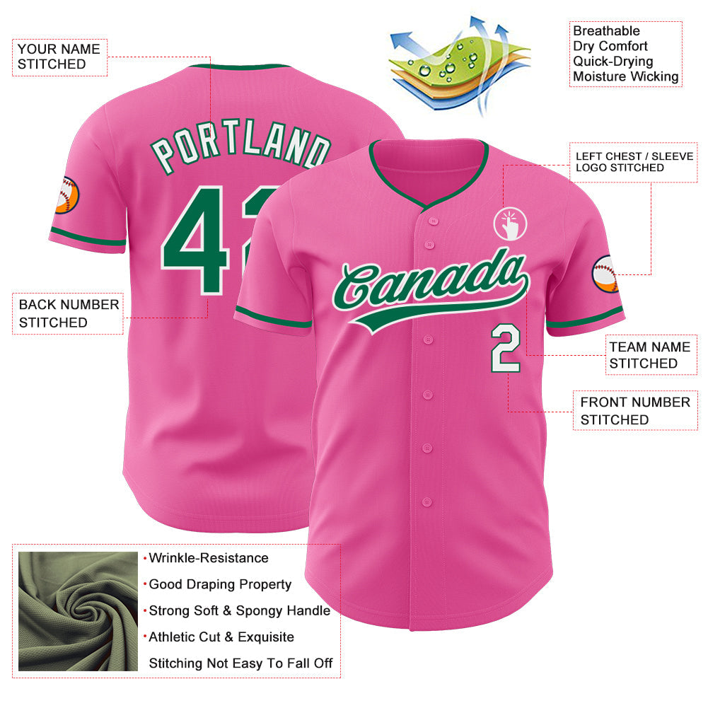 Custom Pink Kelly Green-White Authentic Baseball Jersey view 3