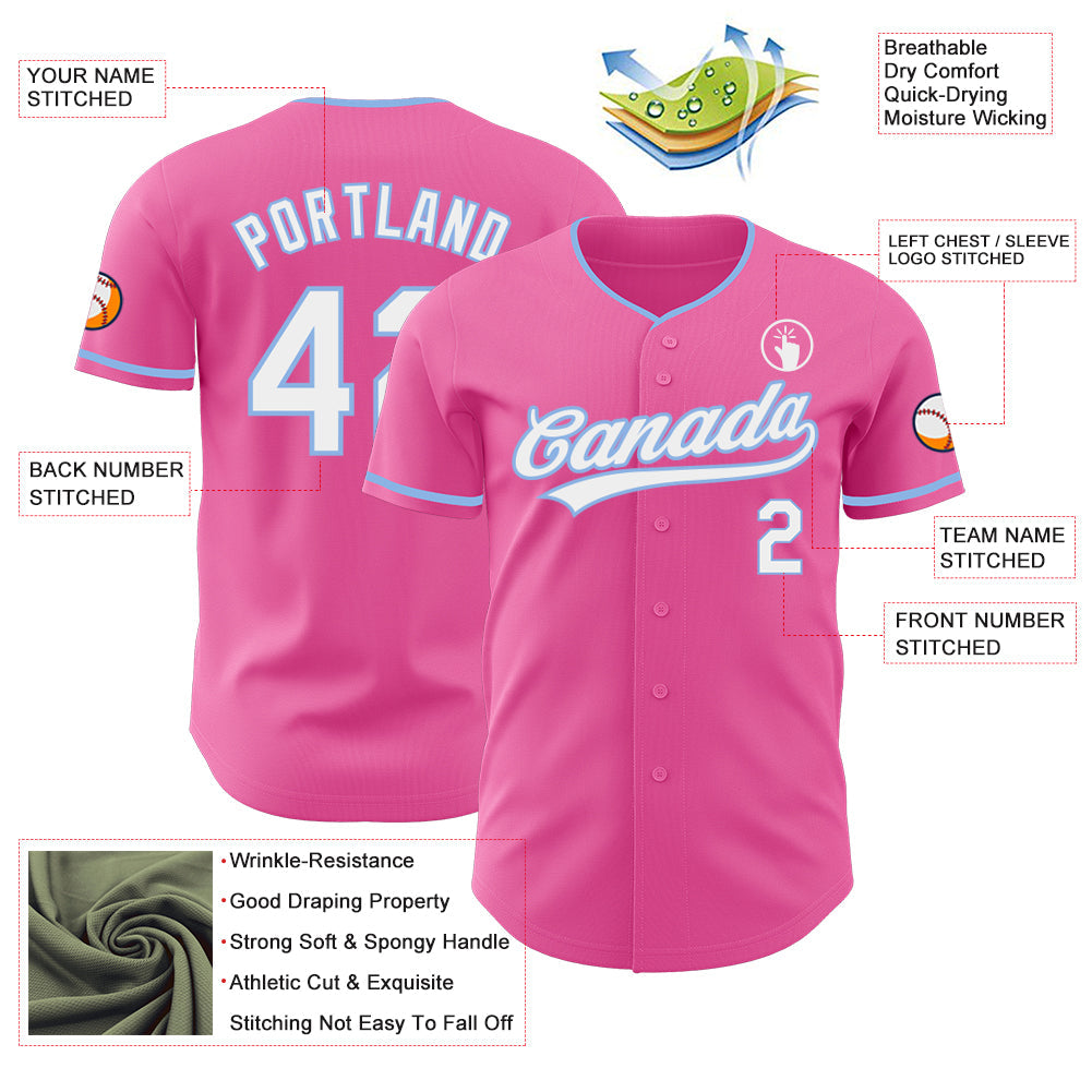Custom Pink White-Light Blue Authentic Baseball Jersey view 3