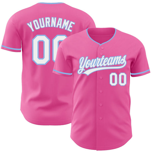 Custom Pink White-Light Blue Authentic Baseball Jersey - Main View