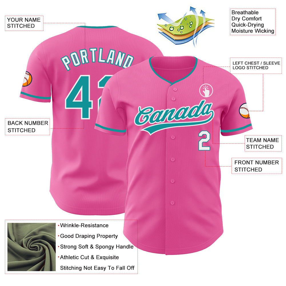 Custom Pink Teal-White Authentic Baseball Jersey view 3