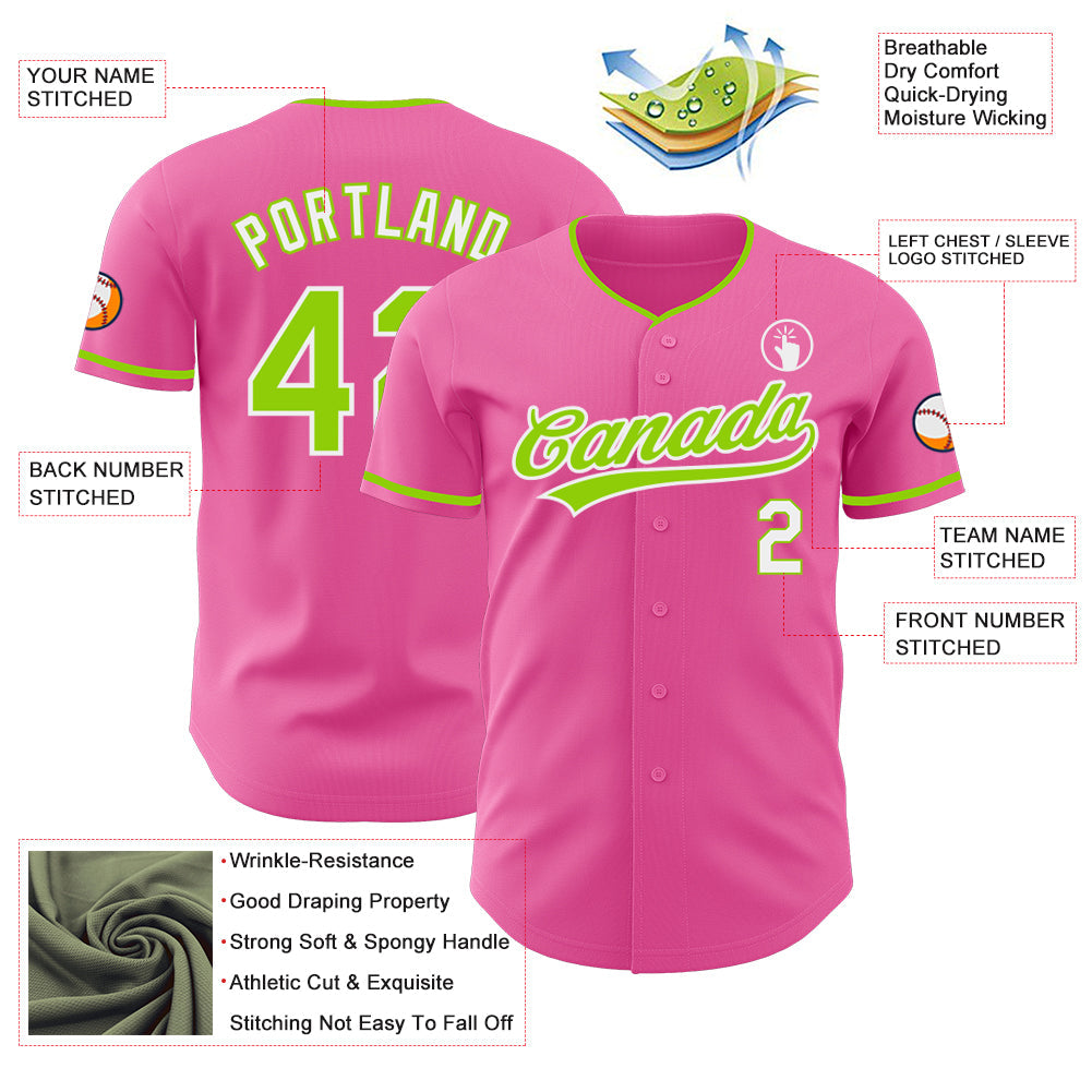 Custom Pink Neon Green Black-White Authentic Baseball Jersey view 3