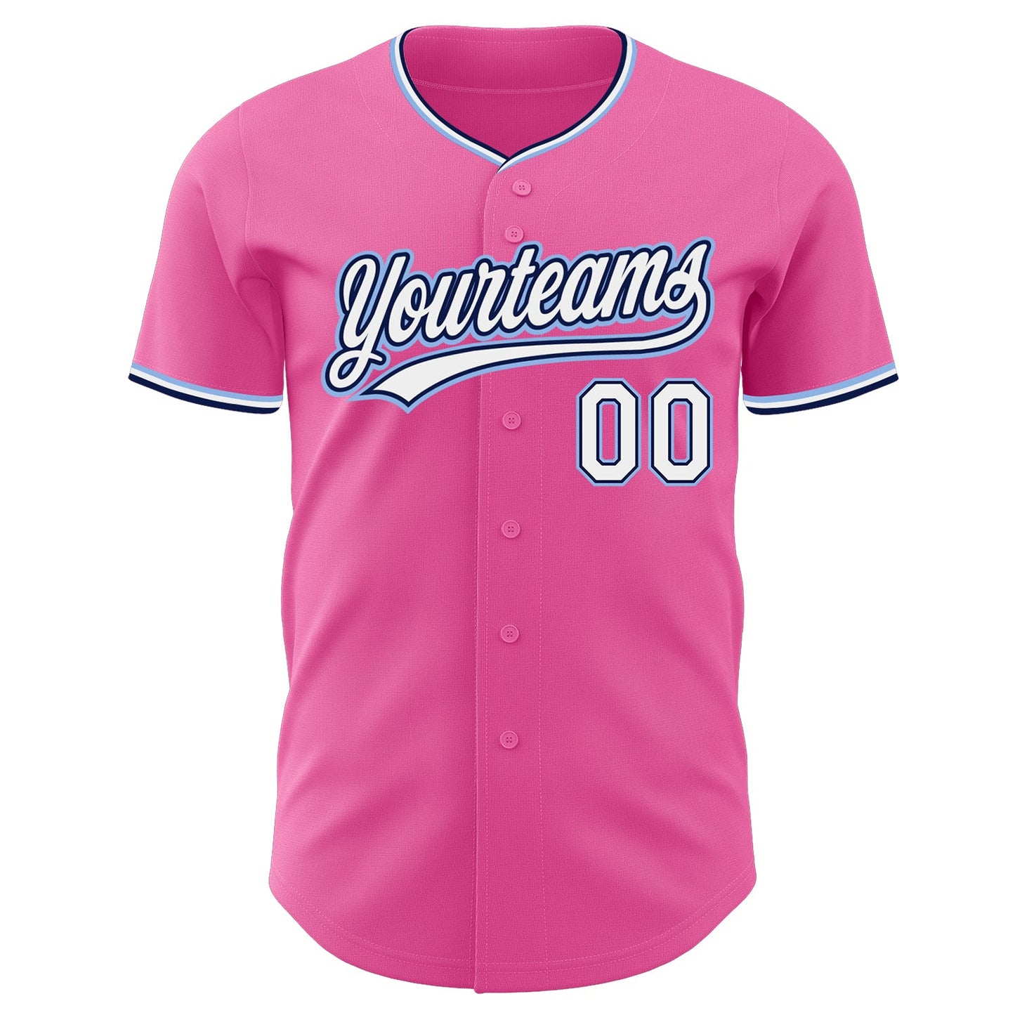 Custom Pink White Navy-Light Blue Authentic Baseball Jersey view 2