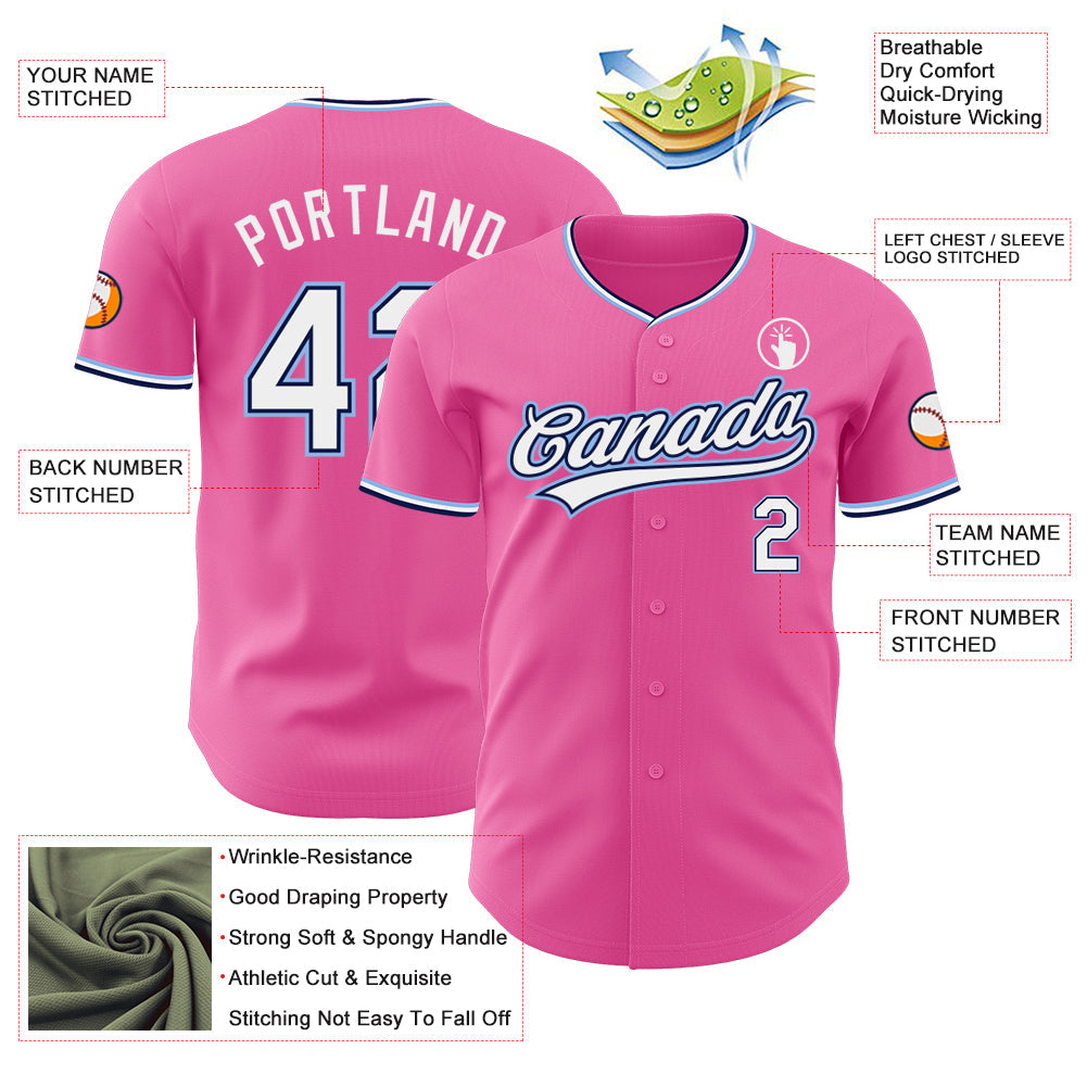 Custom Pink White Navy-Light Blue Authentic Baseball Jersey view 3