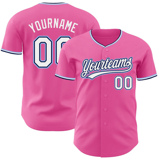 Custom Pink White Navy-Light Blue Authentic Baseball Jersey - Main View