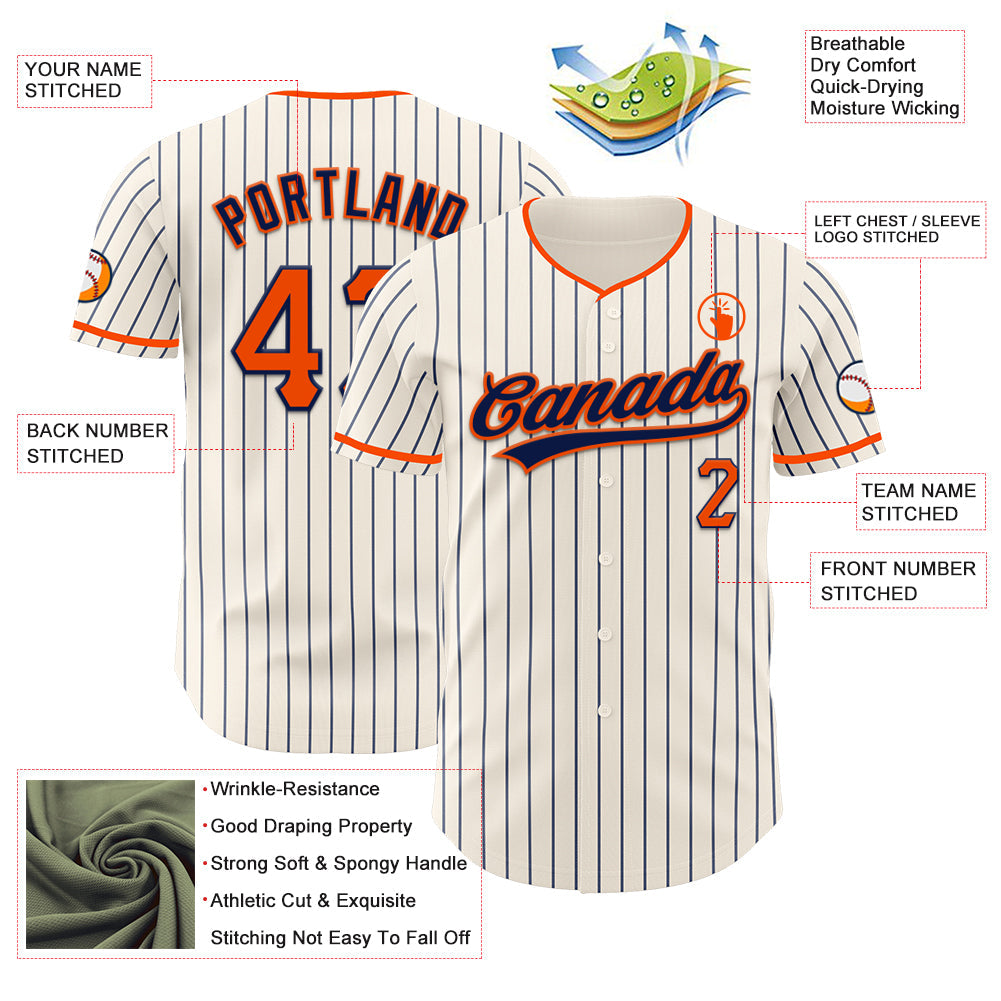 Custom Cream Navy Pinstripe Orange-Navy Authentic Baseball Jersey view 5