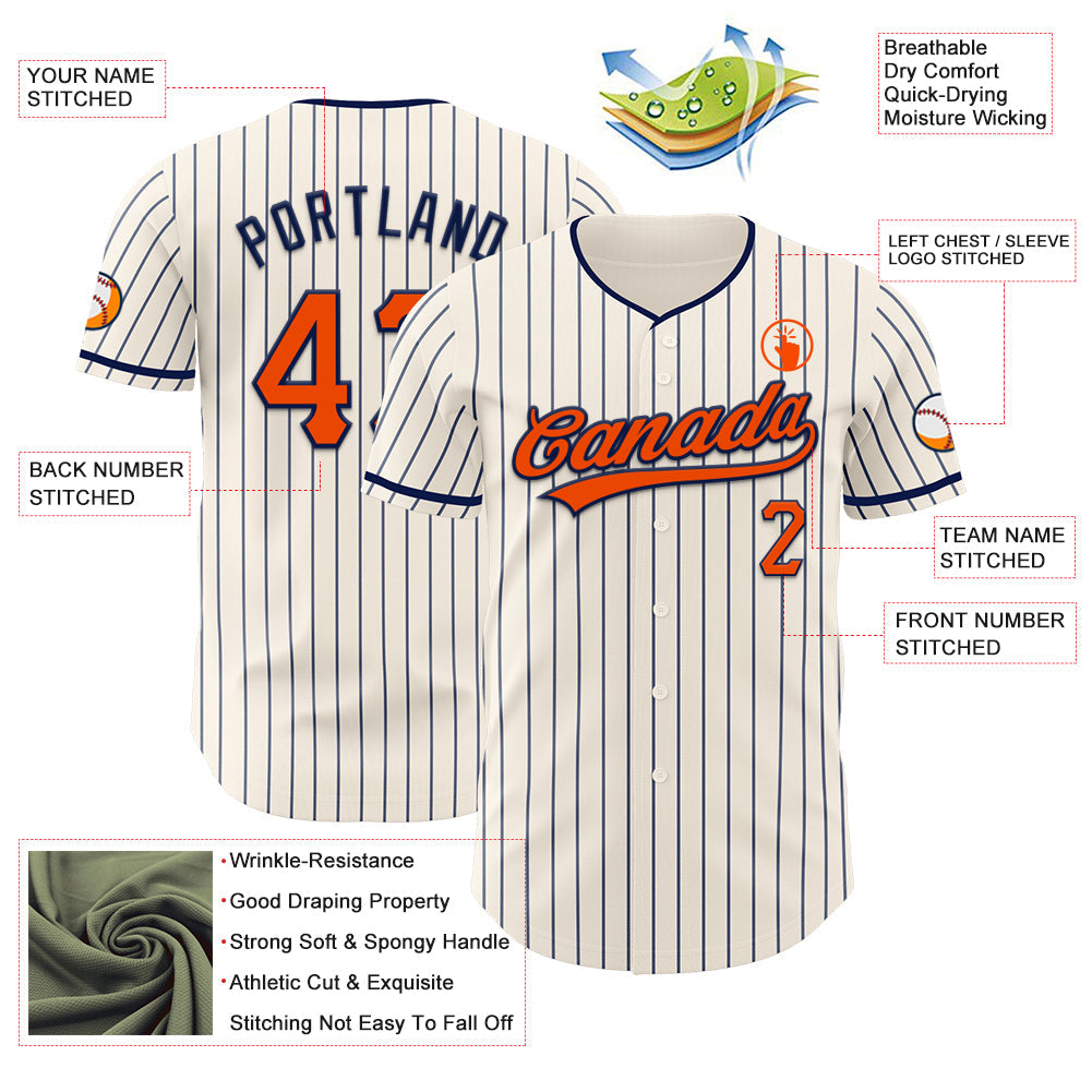 Custom Cream Navy Pinstripe Orange-Navy Authentic Baseball Jersey view 5