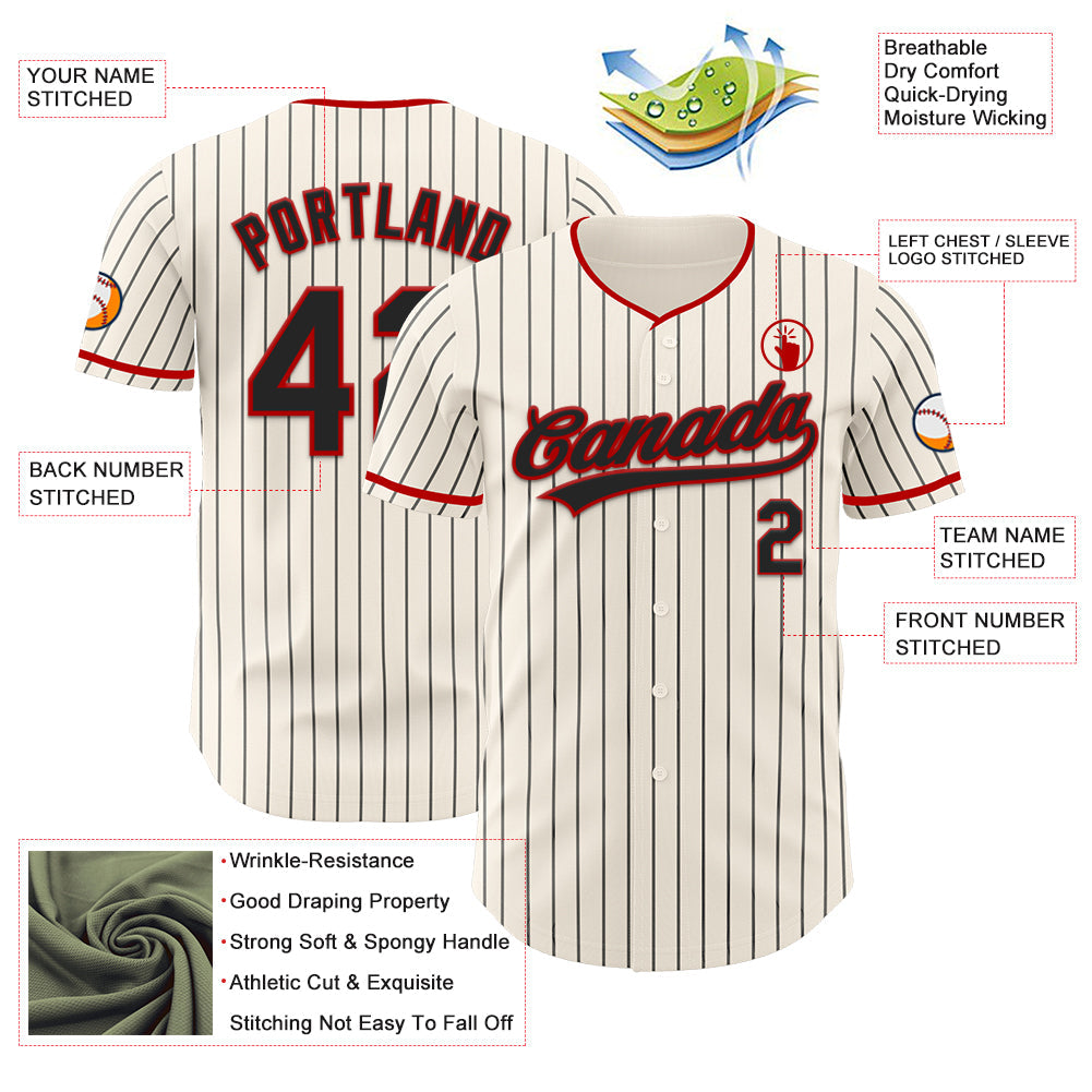 Custom Cream Black Pinstripe Black-Red Authentic Baseball Jersey view 5