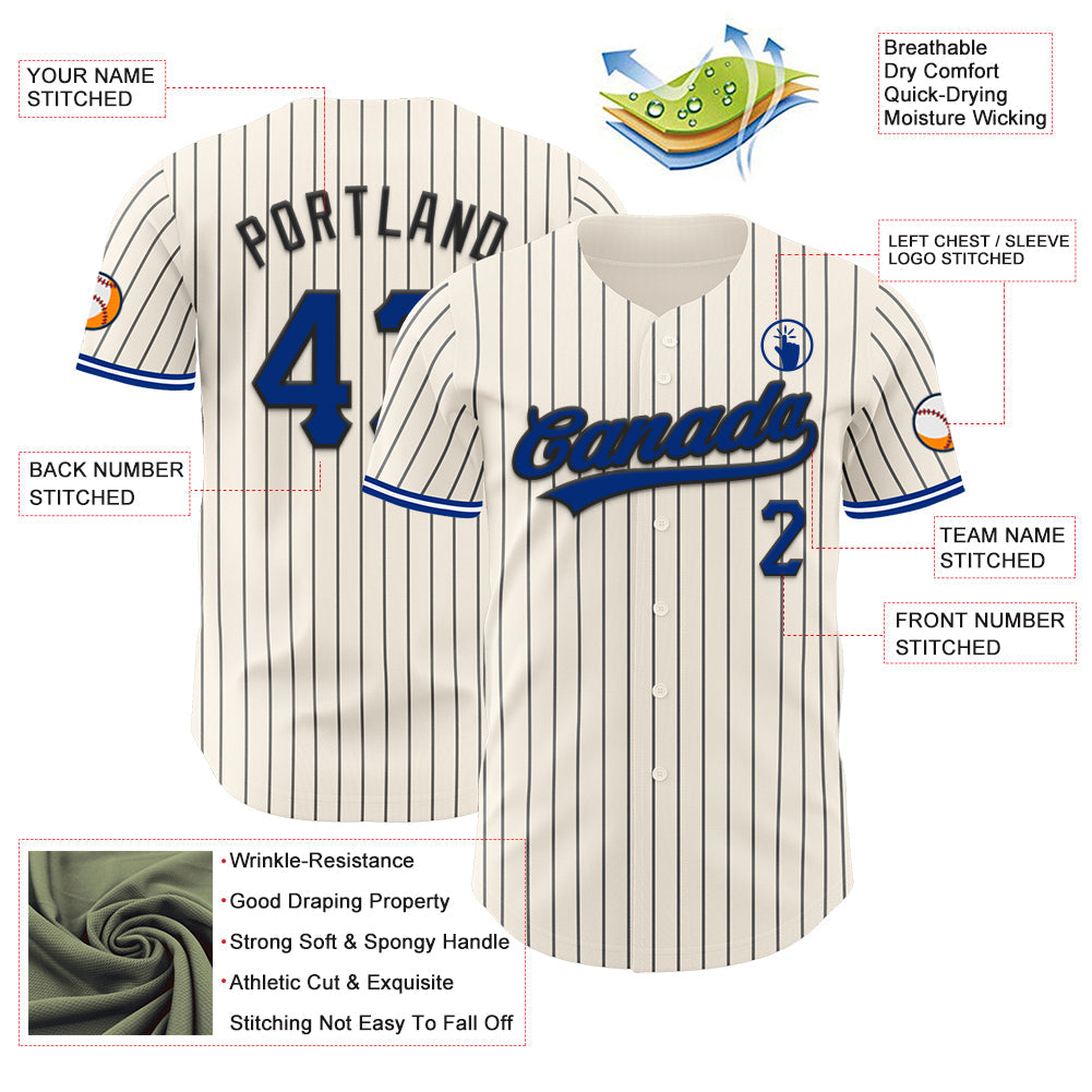 Custom Cream Black Pinstripe Royal Black-White Authentic Baseball Jersey view 5