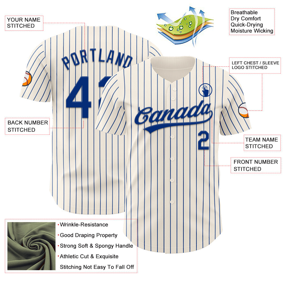 Custom Cream Royal Pinstripe Royal Authentic Baseball Jersey view 5