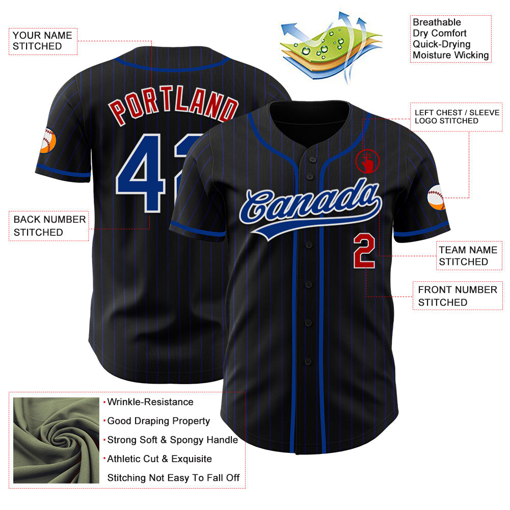Custom Black Royal Pinstripe Royal Red-White Authentic Baseball Jersey view 5