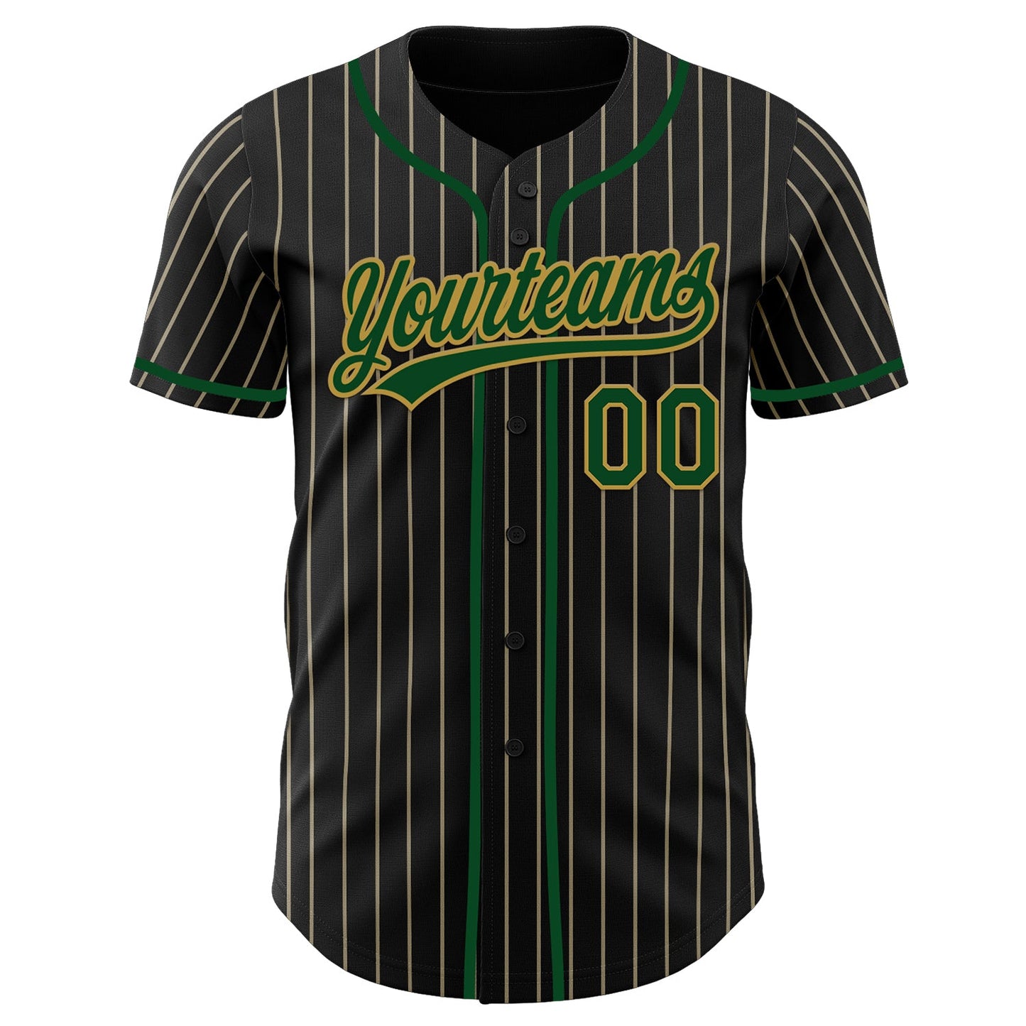 Custom Black Cream Pinstripe Green-Old Gold Authentic Baseball Jersey view 4