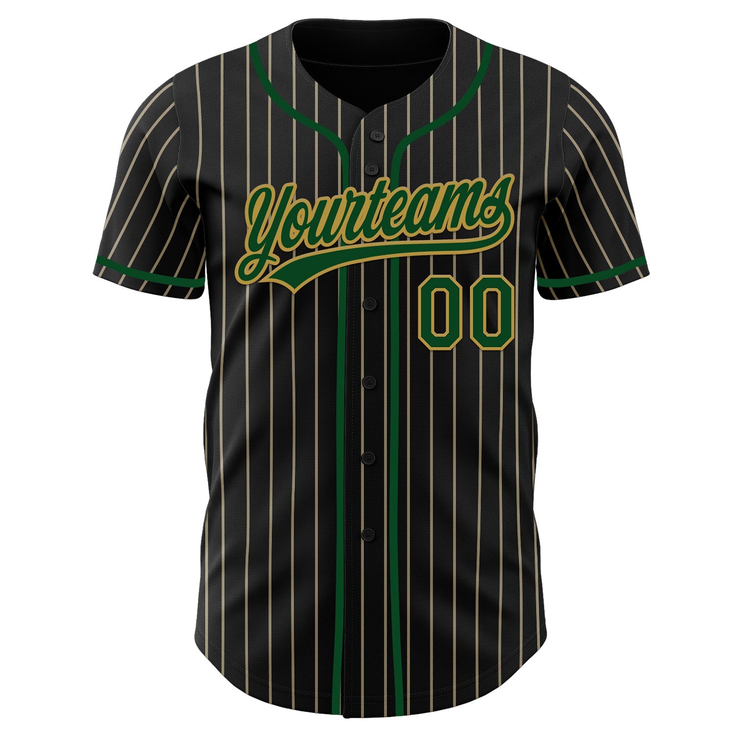 Custom Black Cream Pinstripe Green-Old Gold Authentic Baseball Jersey view 4
