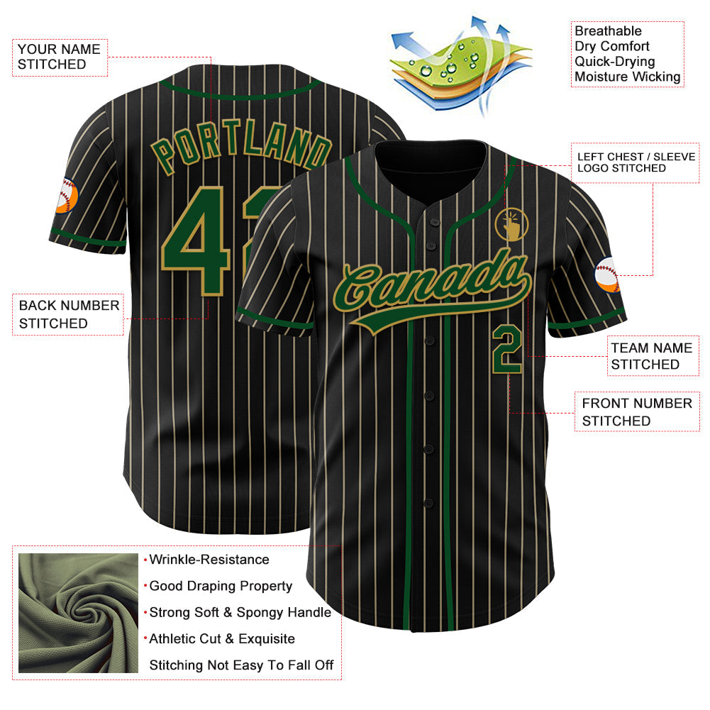 Custom Black Cream Pinstripe Green-Old Gold Authentic Baseball Jersey view 5