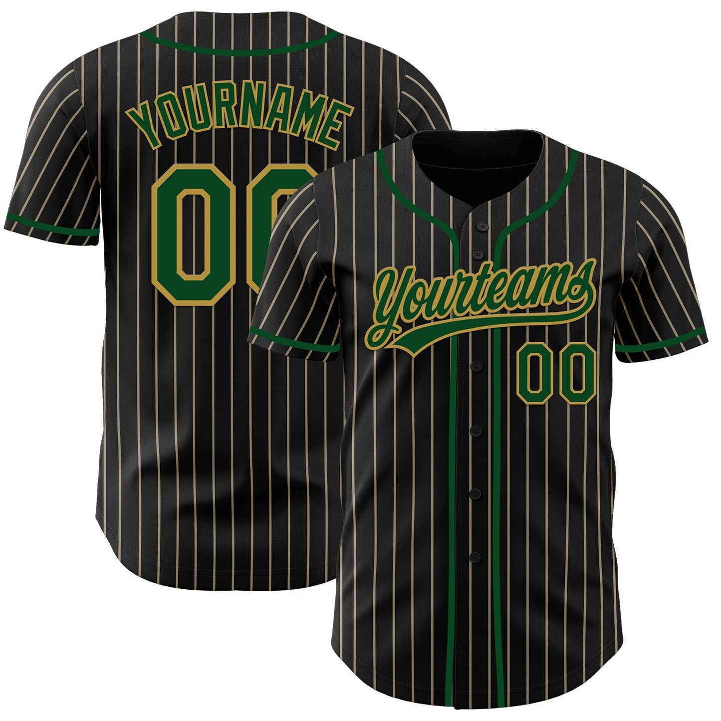 Custom Black Cream Pinstripe Green-Old Gold Authentic Baseball Jersey - Main View