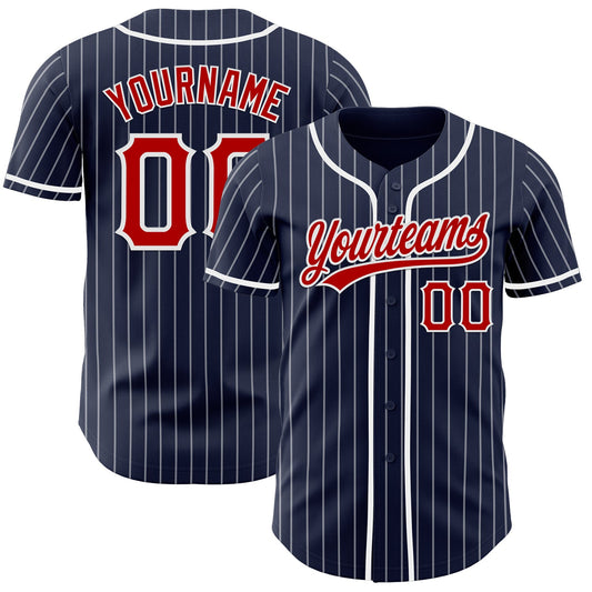 Custom Navy White Pinstripe Red-White Authentic Baseball Jersey - Main View