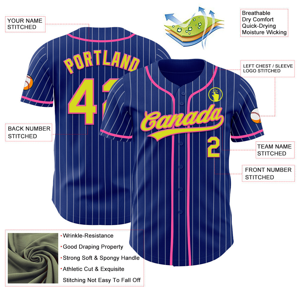 Custom Royal White Pinstripe Neon Yellow-Pink Authentic Baseball Jersey view 5