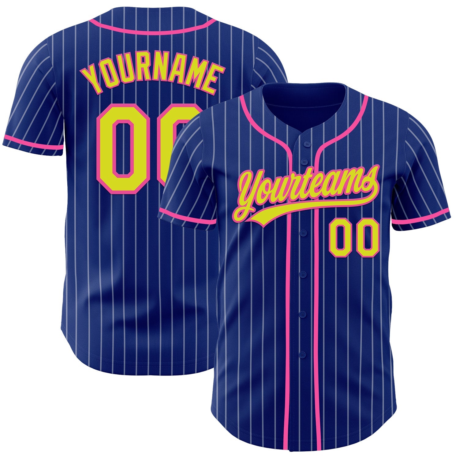 Custom Royal White Pinstripe Neon Yellow-Pink Authentic Baseball Jersey - Main View