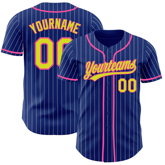 Custom Royal White Pinstripe Neon Yellow-Pink Authentic Baseball Jersey - Main View