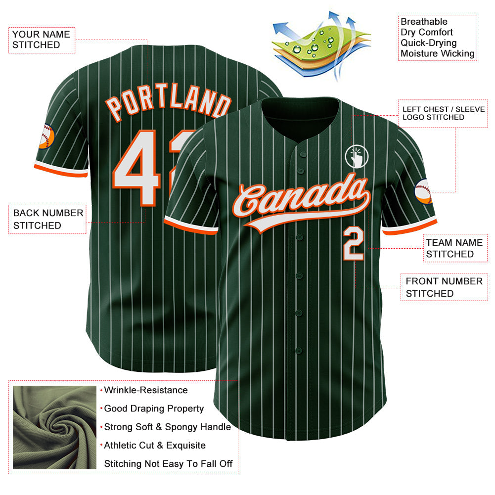 Custom Green White Pinstripe White-Orange Authentic Baseball Jersey view 5