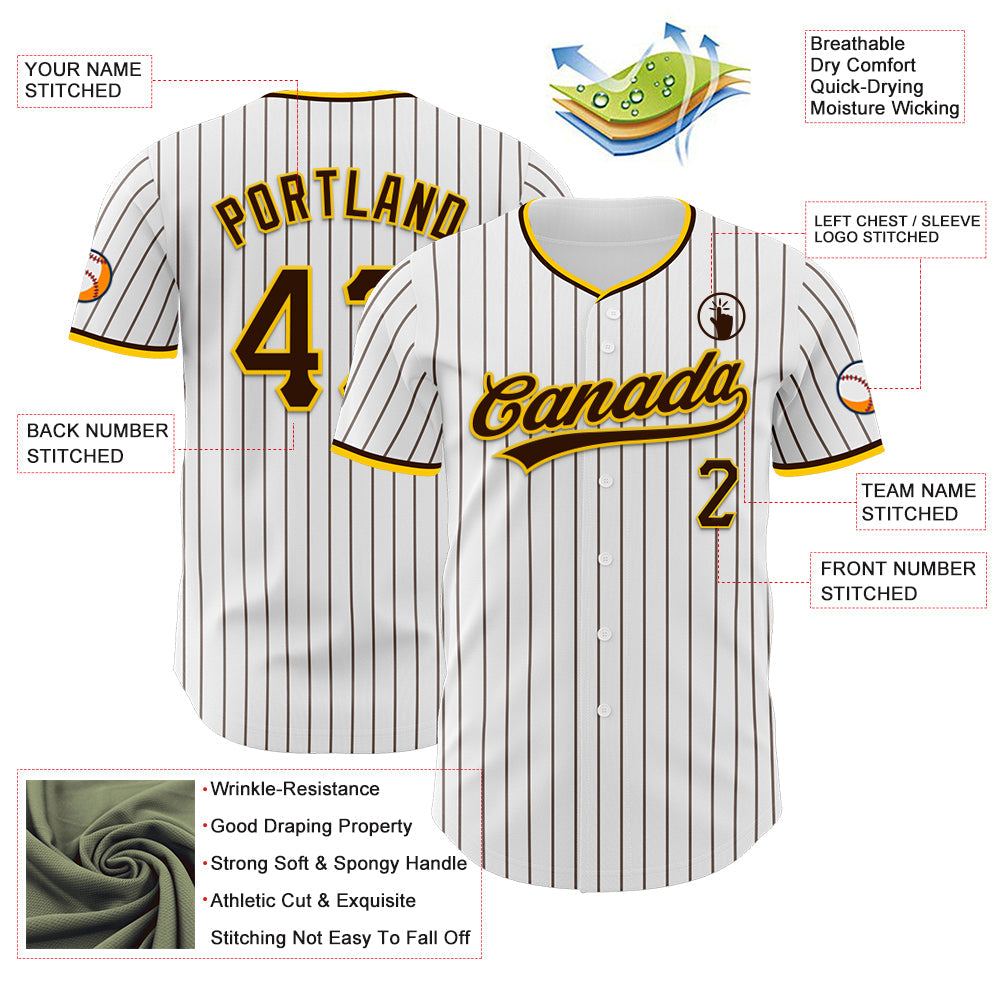 Custom White Brown Pinstripe Brown-Yellow Authentic Baseball Jersey view 5