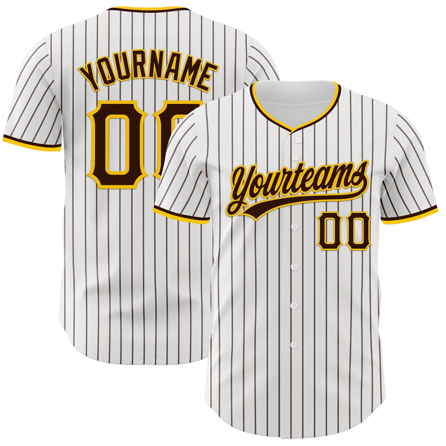 Custom White Brown Pinstripe Brown-Yellow Authentic Baseball Jersey - Main View