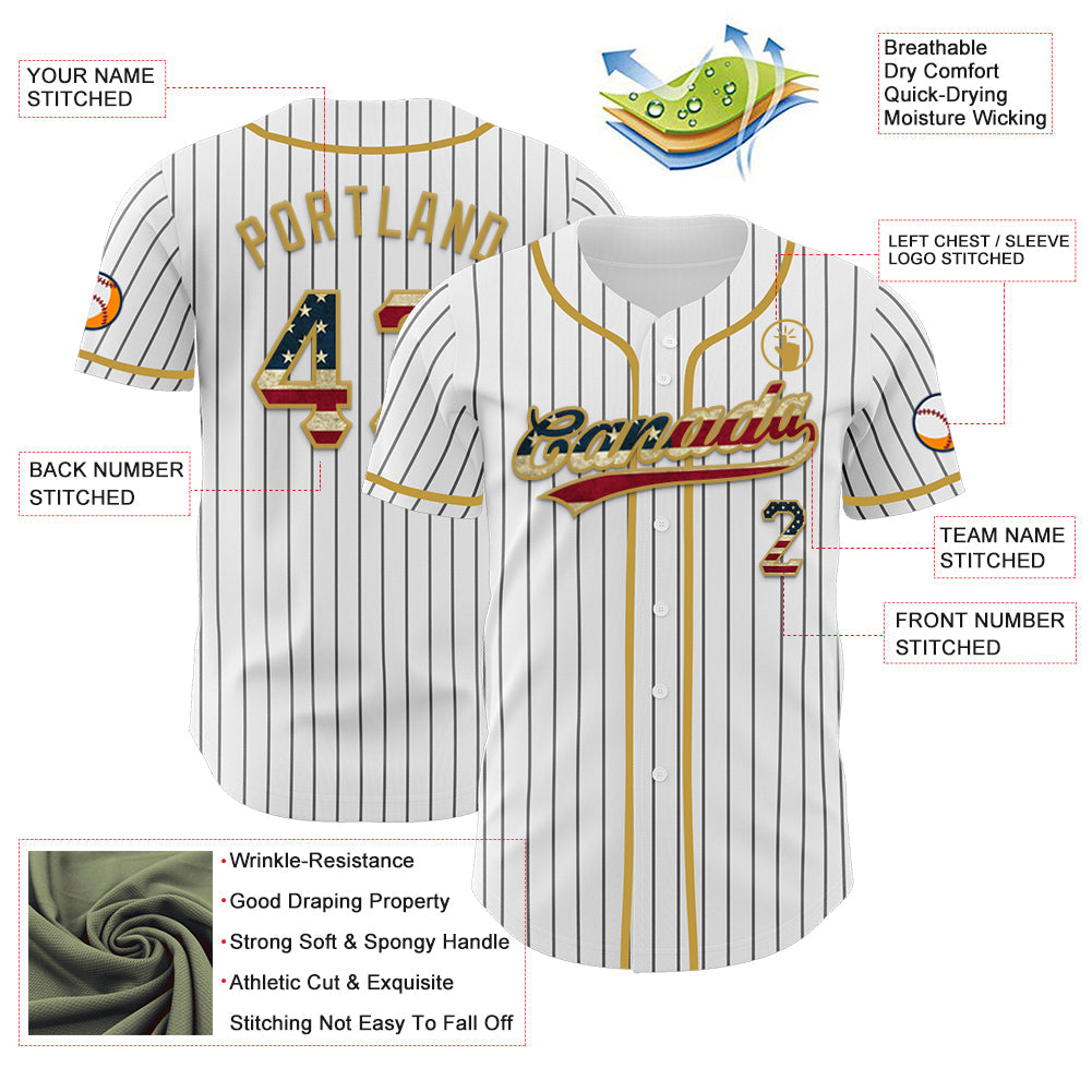 Custom White Black Pinstripe Vintage USA Flag-Old Gold Authentic Baseball Jersey view 5