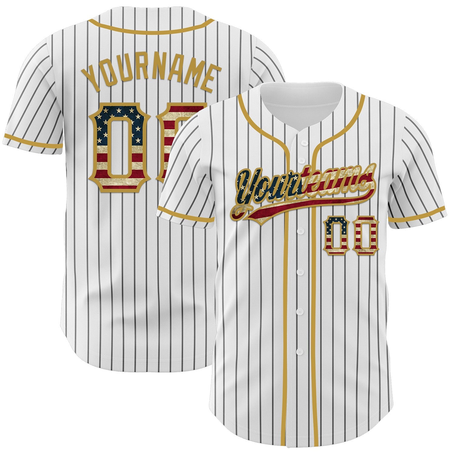 Custom White Black Pinstripe Vintage USA Flag-Old Gold Authentic Baseball Jersey - Main View