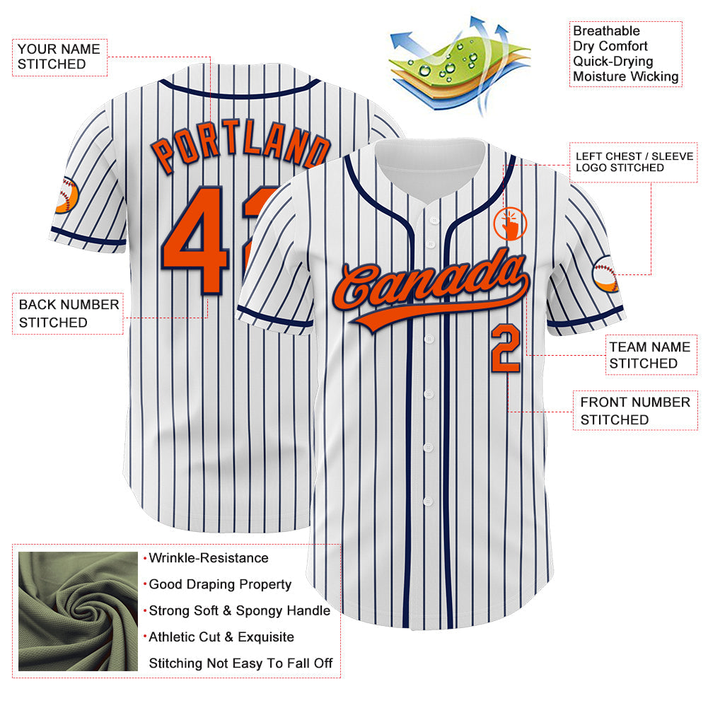 Custom White Navy Pinstripe Orange-Navy Authentic Baseball Jersey view 5