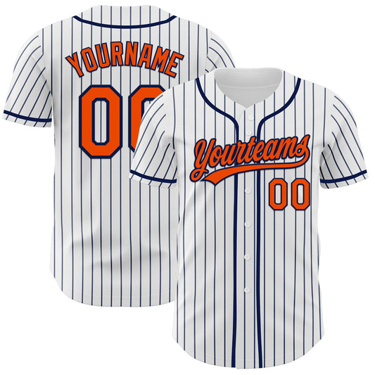 Custom White Navy Pinstripe Orange-Navy Authentic Baseball Jersey - Main View