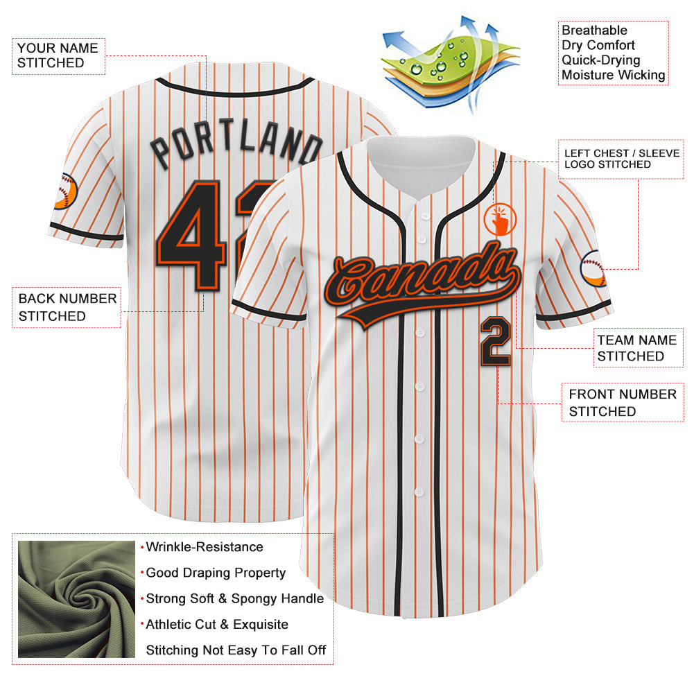 Custom White Orange Pinstripe Black-Orange Authentic Baseball Jersey view 5