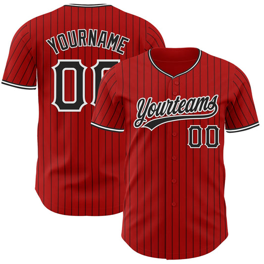 Custom Red Black Pinstripe Black-White Authentic Baseball Jersey - Main View