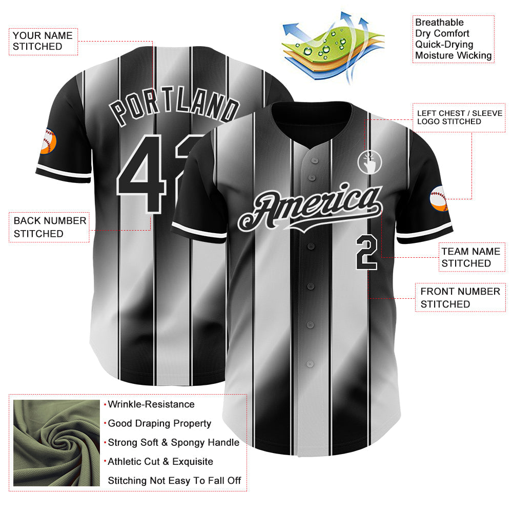 Custom Black-White Gradient Classic Vertical Stripe Authentic Baseball Jersey view 3