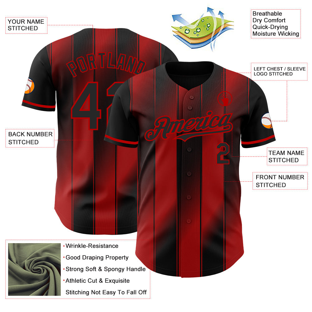 Custom Black-Red Gradient Classic Vertical Stripe Authentic Baseball Jersey view 3