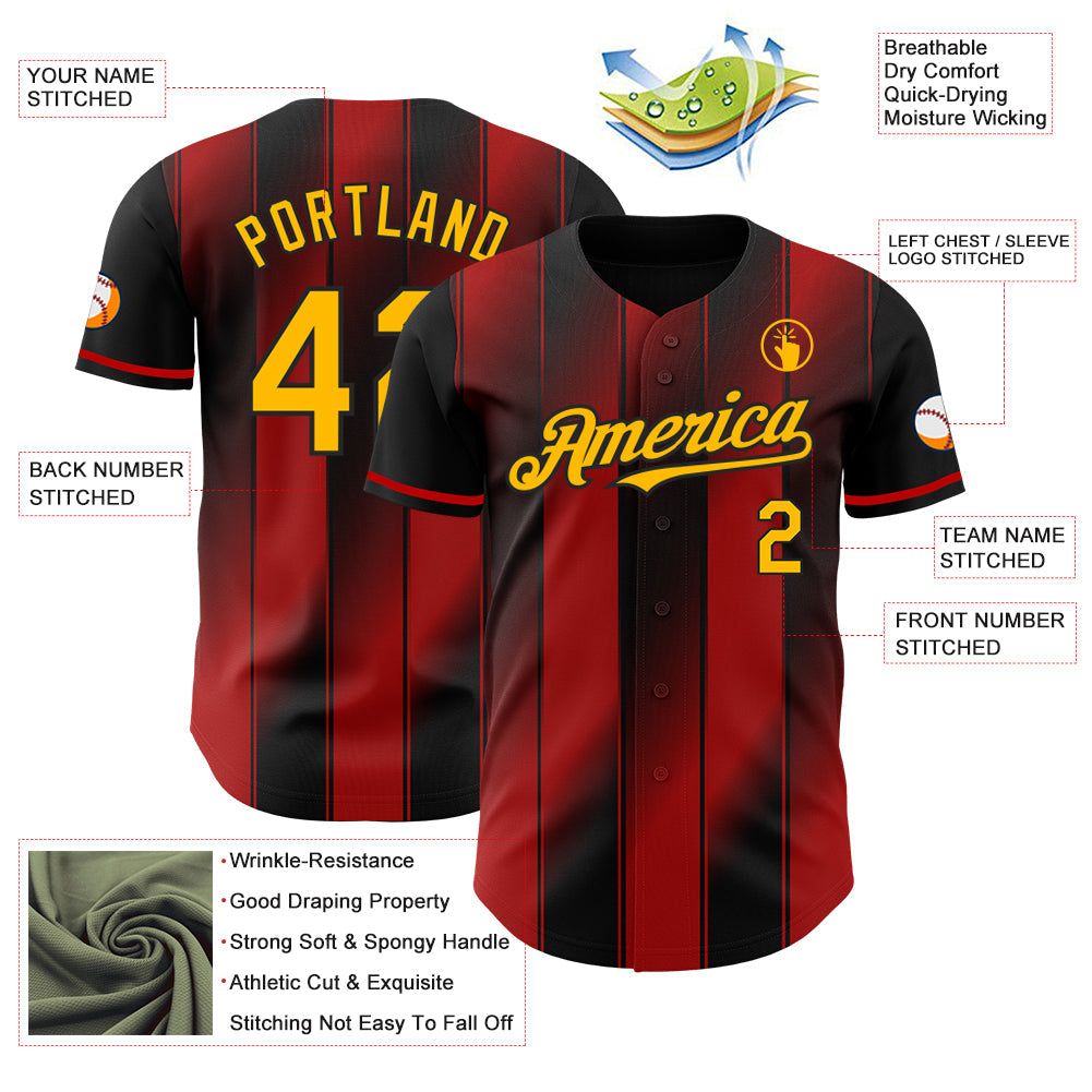 Custom Black Gold-Red Gradient Classic Vertical Stripe Authentic Baseball Jersey view 3