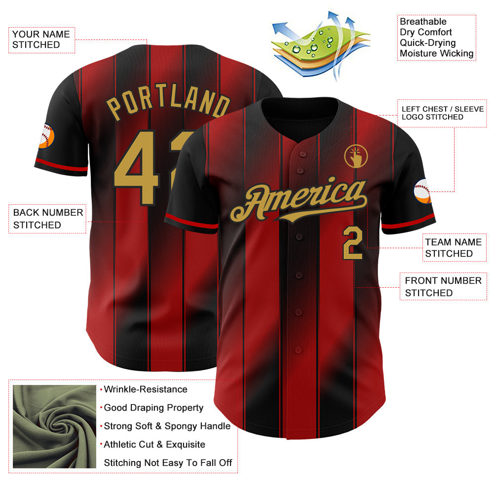 Custom Black Old Gold-Red Gradient Classic Vertical Stripe Authentic Baseball Jersey view 3