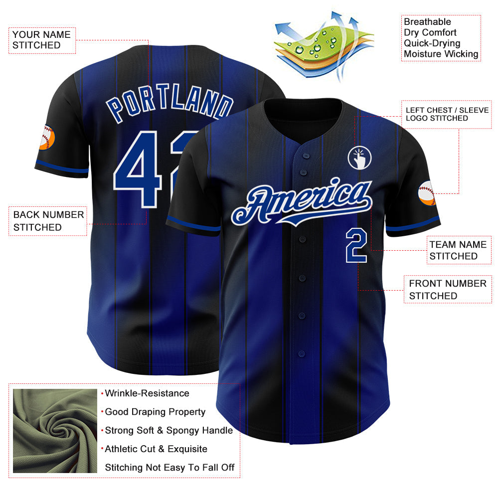 Custom Black Royal-White Gradient Classic Vertical Stripe Authentic Baseball Jersey view 3