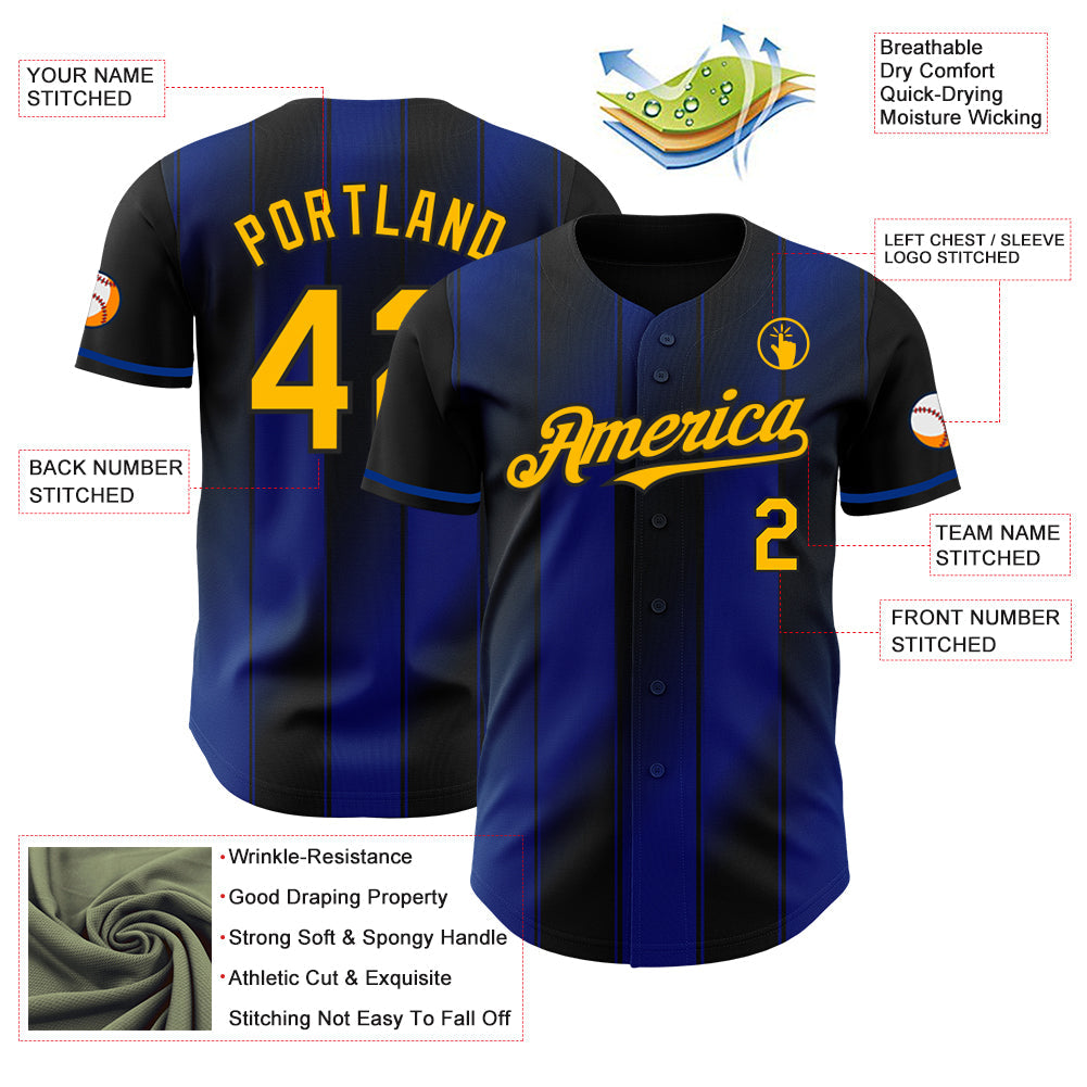 Custom Black Gold-Royal Gradient Classic Vertical Stripe Authentic Baseball Jersey view 3