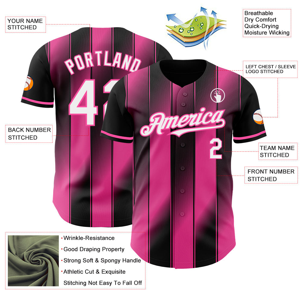 Custom Black White-Pink Gradient Classic Vertical Stripe Authentic Baseball Jersey view 3