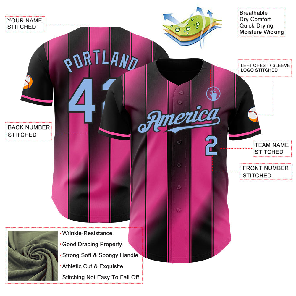 Custom Black Light Blue-Pink Gradient Classic Vertical Stripe Authentic Baseball Jersey view 3