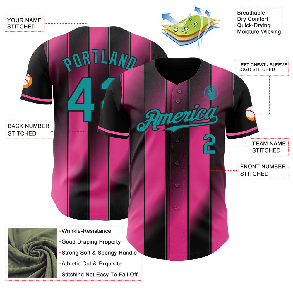 Custom Black Teal-Pink Gradient Classic Vertical Stripe Authentic Baseball Jersey view 3