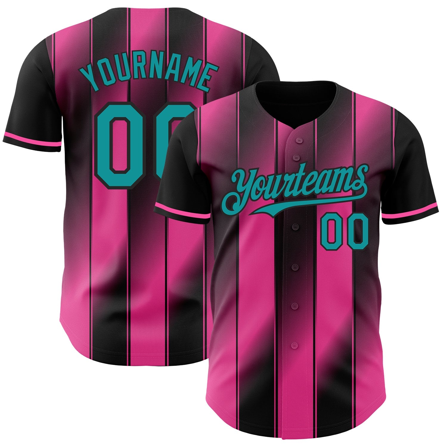 Custom Black Teal-Pink Gradient Classic Vertical Stripe Authentic Baseball Jersey - Main View