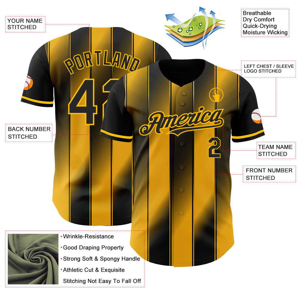 Custom Black-Gold Gradient Classic Vertical Stripe Authentic Baseball Jersey view 3