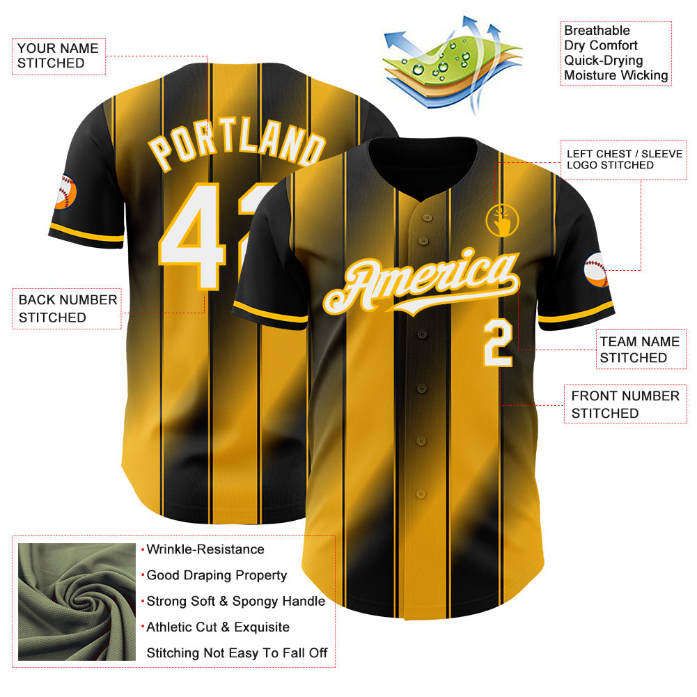 Custom Black White-Gold Gradient Classic Vertical Stripe Authentic Baseball Jersey view 3