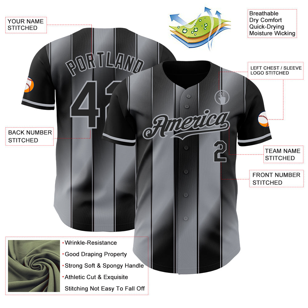 Custom Black-Gray Gradient Classic Vertical Stripe Authentic Baseball Jersey view 3