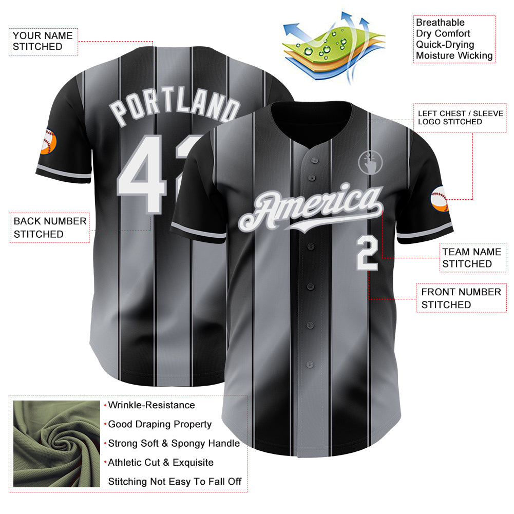 Custom Black White-Gray Gradient Classic Vertical Stripe Authentic Baseball Jersey view 3