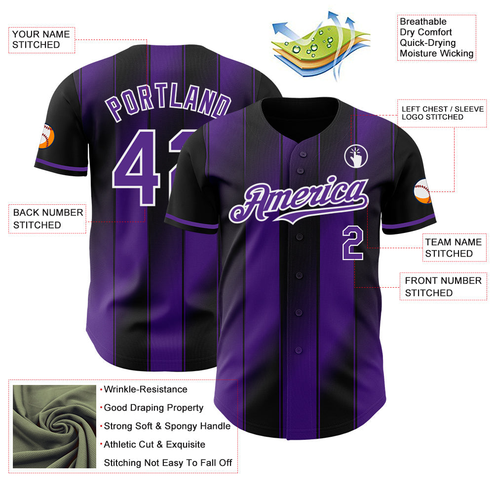 Custom Black Purple-White Gradient Classic Vertical Stripe Authentic Baseball Jersey view 3
